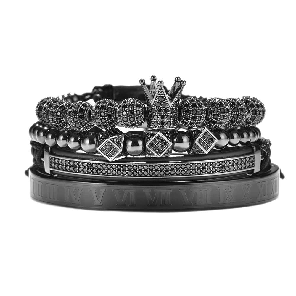 AIDUOMIRZER Bracelet set Braided Adjustable Bracelet Men Male Beads Crown Black Cz Zircon Charm Stainless Steel Bracelet Men Jewelry (Black R1)