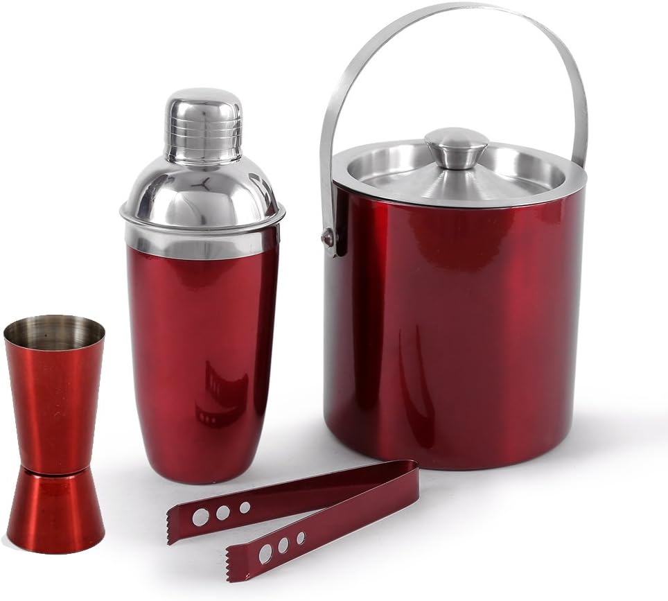 King International Stainless Steel Red Bar Set, Set of 4 Pieces, Cocktail Shaker, Peg Measure, Ice Tong, Ice Bucket Bar Box, Ice Cold for 6 Hours, Bar Tools for Home Bar Accessories, Mini Bar