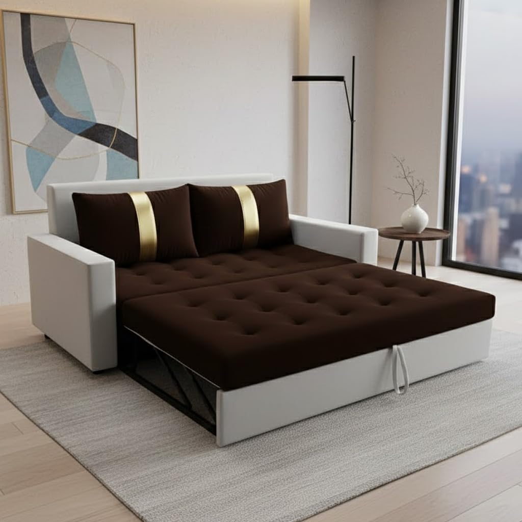 FURNY Tressa 2 Seater Fabric Pull-Out Sofa Cum Bed (Light Grey-Dark Brown) Premium Velvet Finish | Durable Comfort | Ideal for Living Room