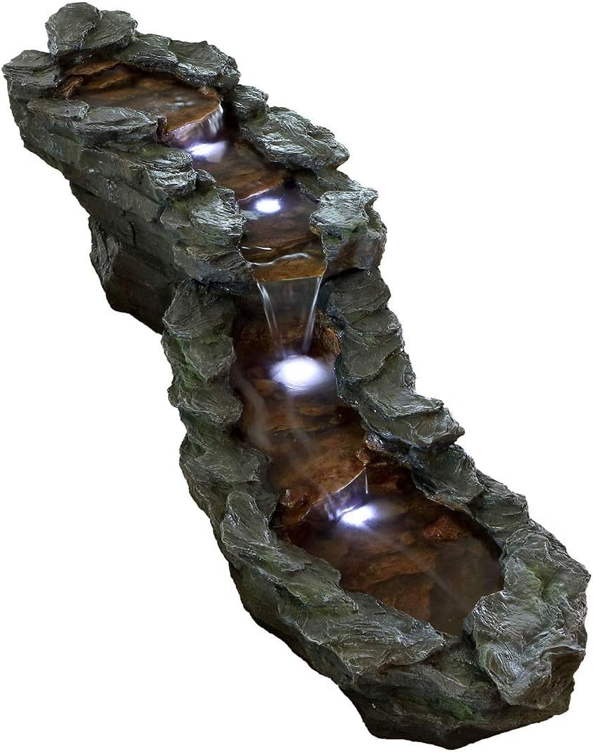 Alpine Corporation TZL240 | 76"L Outdoor Tiered Rocky River Stream Water Fountain — Color-Changing LED Lights for Patio, Yard & Backyard Décor — Brown Finish