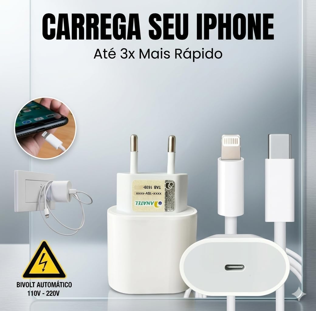 Kit Carregador Turbo 25W Compativel c/I.Phone 8 X Xr 11 12 13 14 Pro Max Linha Premium com Cabo USB-C, Saída iOS + Fonte Carregador Ultra Rápido, Tecnologia Power Delivery Kit Carregador Turbo 25W Compativel c/I.Phone 8 X Xr 11 12 13 14 Pro Max Linha Premium com Cabo USB-C, Saída iOS + Fonte Carregador Ultra Rápido, Tecnologia Power Delivery