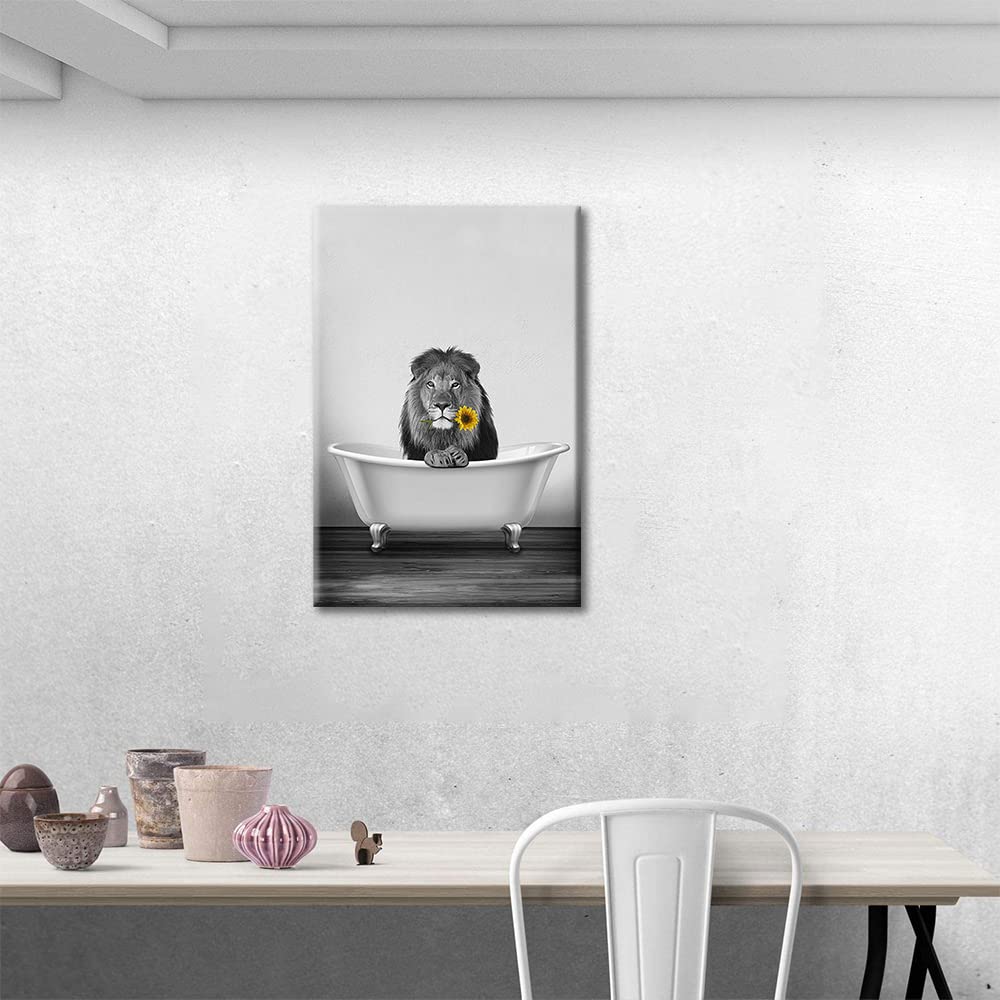 Canvas Wall Art Bathroom Decor Art Prints Painting for Living Room Bedroom Cute Animal LionTake Shower on The Bathtub Pictures Framed Artworks for Walls Ready to Hang 8x12inch (20x30cm) - Image 4