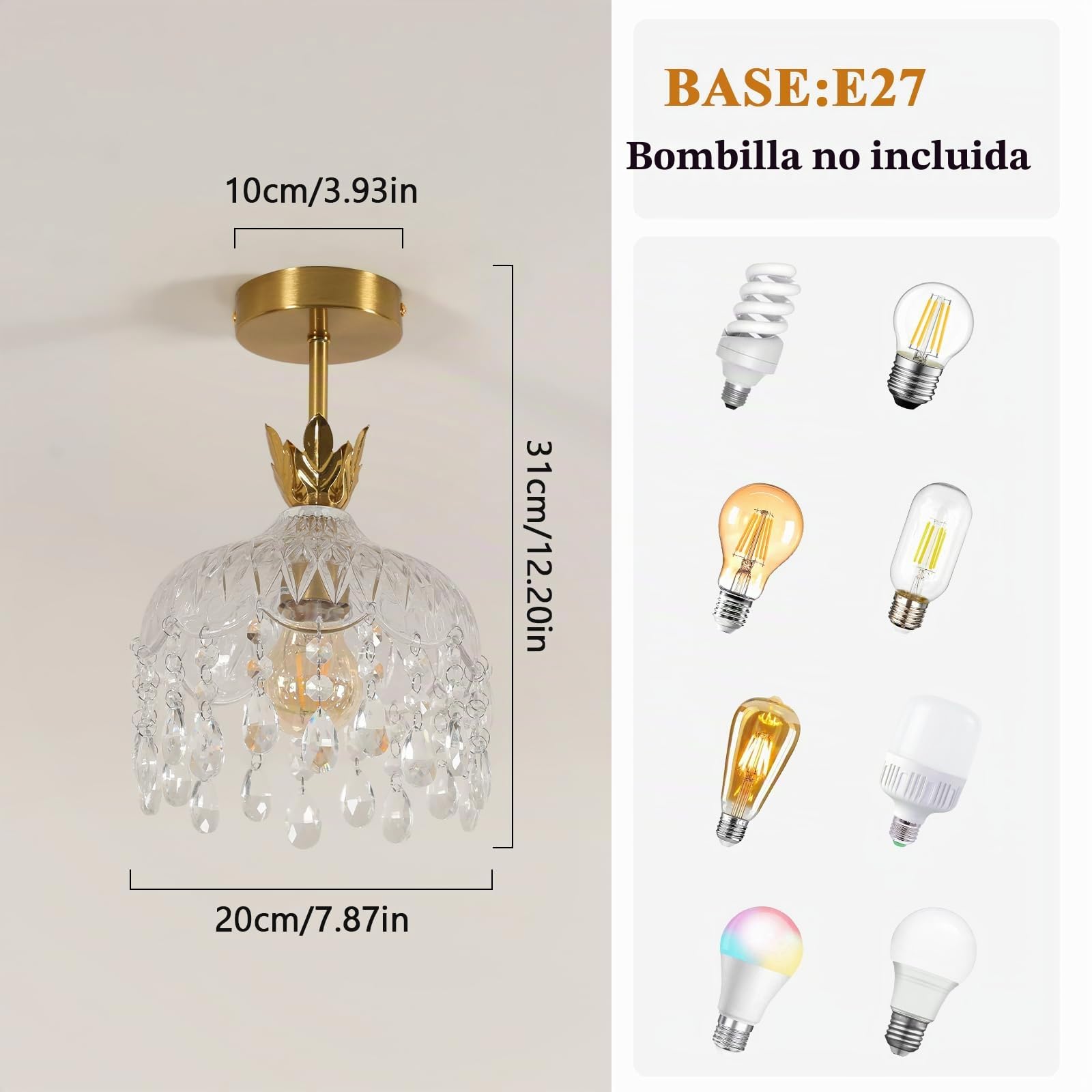 Comely Mini Lámpara de Techo de Cristal, Lámpara Colgante Dorada E27 | Moderna Elegante Luz de Techo de Cristal para Dormitorio Comedor Escalera Entrada
