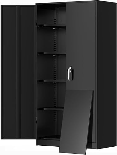 Greenvelly Metal Garage Storage Cabinet, 72 Black Tool Steel Locking Cabinet with Doors and 4 Shelves, Tall Cabinets for Garage Storage Systems