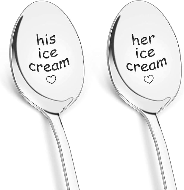 WOSO His and Hers Ice Cream Spoons Set-Pack of 2 Gifts for Couples Lovers,Stainless Steel Engraved Coffee Spoon Present for Engagement Wedding Anniversary Valentines Day Gifts (Style 1)