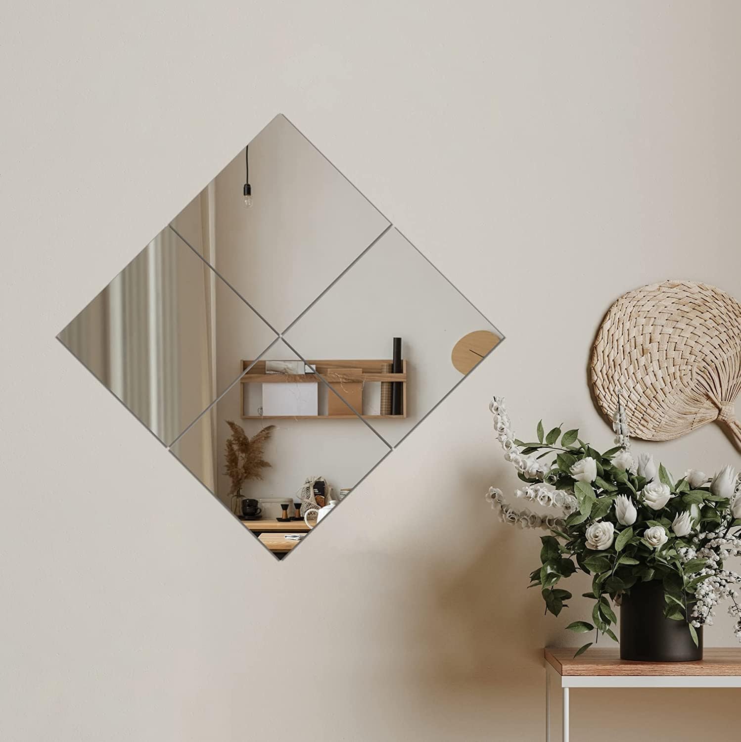 Self Adhesive Glass Mirror, Bathroom Wall Mounted Mirror, Make Up Mirror Sticker for Home Living Room Bedroom, Frameless Modern Vanity Mirror for Wall Tiles Decoration Hanging (4PCS-30 * 30CM)
