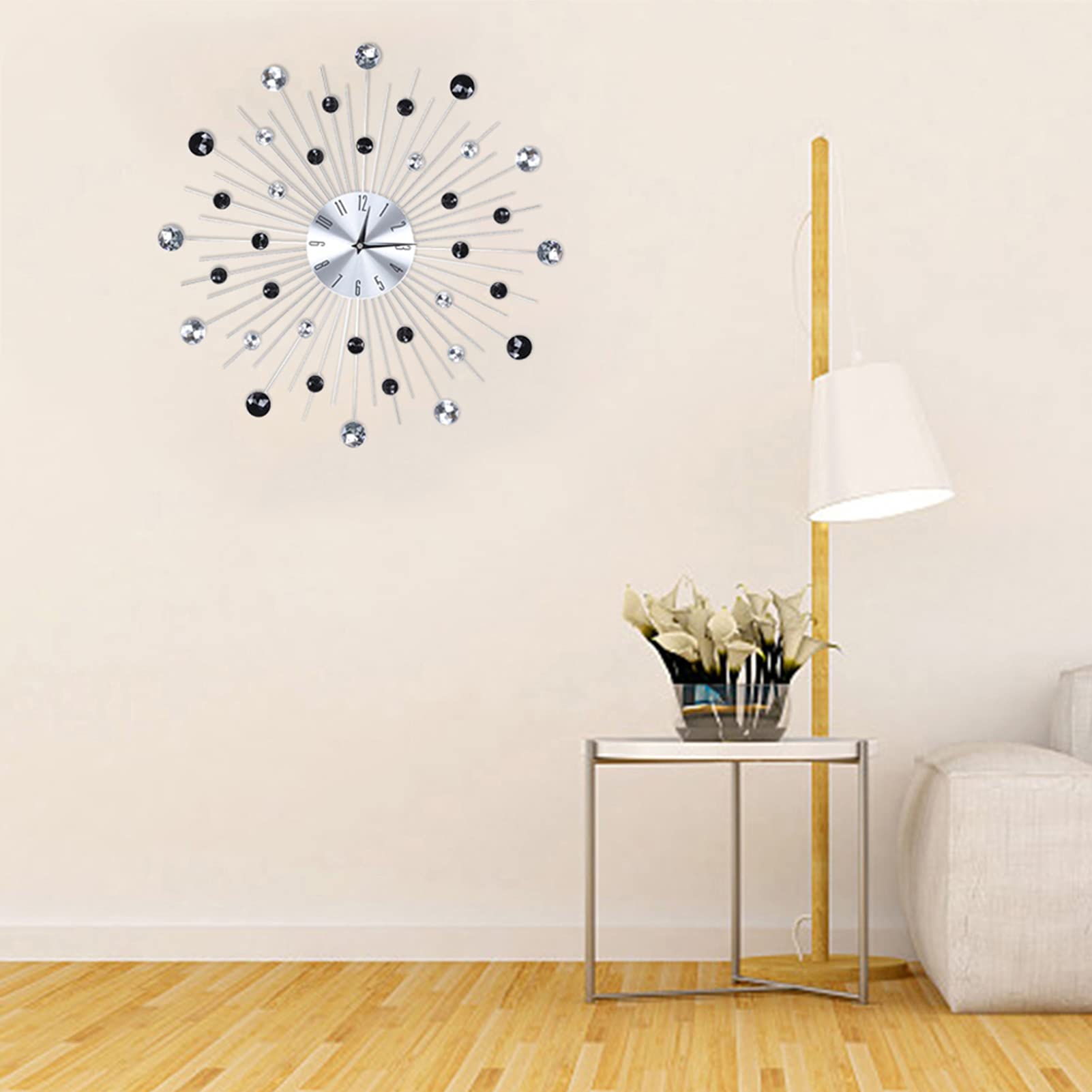 GOTOTOP Horloge Murale Cristal 3D, Métal Argent Noir, 51x51x5cm