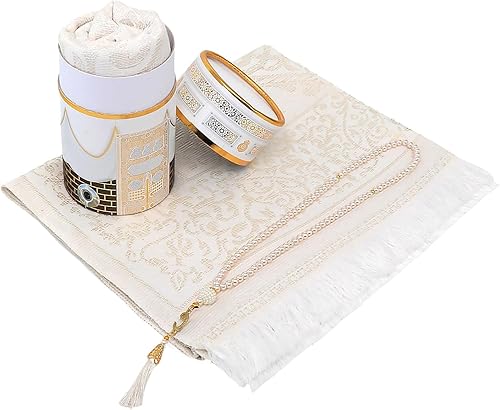 Juego de alfombras y cuentas de oración musulmana de lujo, elegante caja de regalo cilíndrica, tapete suave de Janamaz Sajadah, juego de regalo