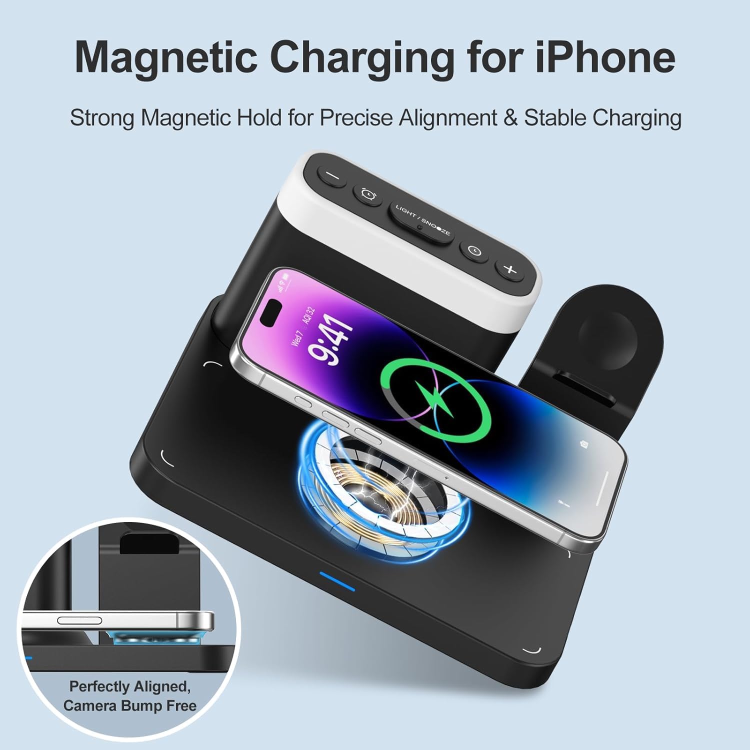 ANJANK Caricatore Wireless Magnetica, 3 in 1 Stazione di Ricarica Wireless con Sveglia, 7 Luci Notturne, Dock di Ricarica per iPhone 16 15 14 13 12 11 Pro Max Plus,Apple Watch10/9/8/7