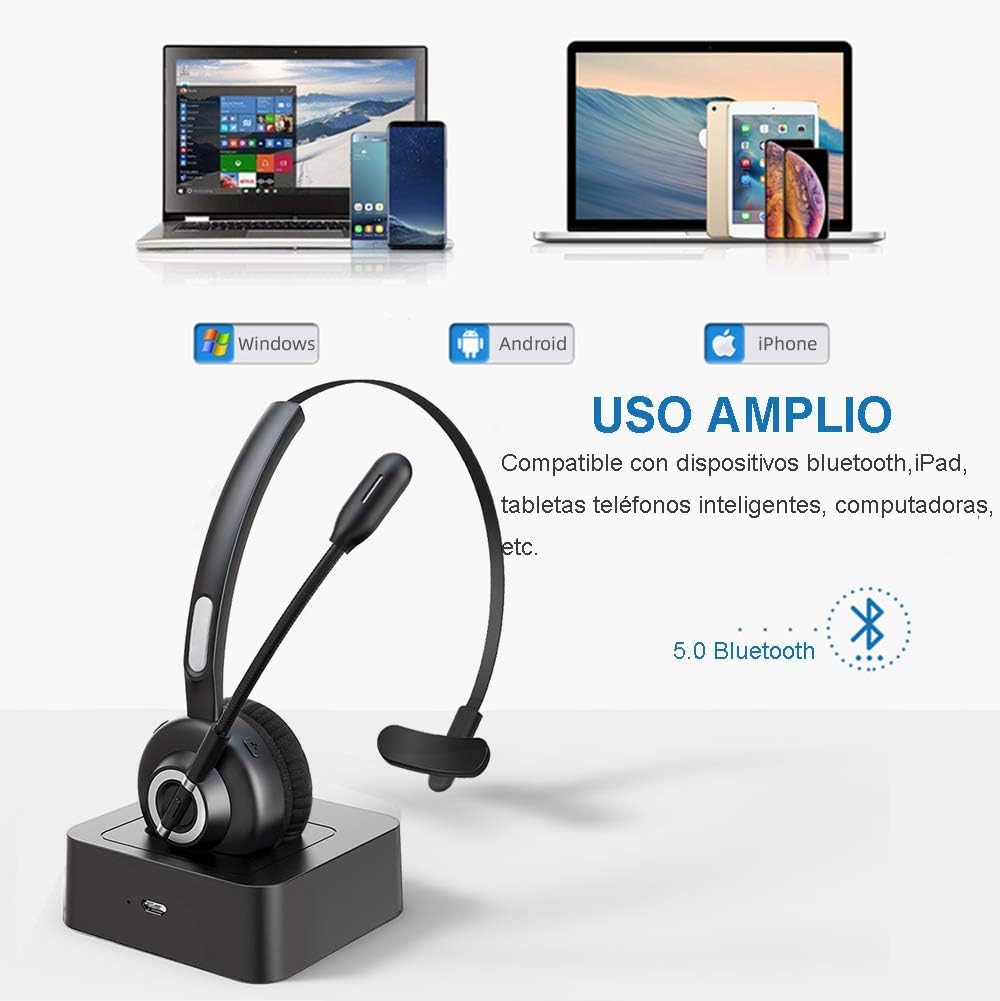 BIGFOX Auriculares Inalámbricos Bluetooth con Micrófono Mono Tipo Diadema - Auricular Inalámbrico para Teléfono Fijo con Base de Carga, Manos Libres, Cancelación de Ruido, Giro de 300°