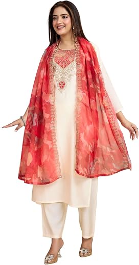 Naixa Women's Chanderi Silk with Lining Embroidered Straight Kurta with Pant and Dupatta Sets (Available in Plus Size) (547)