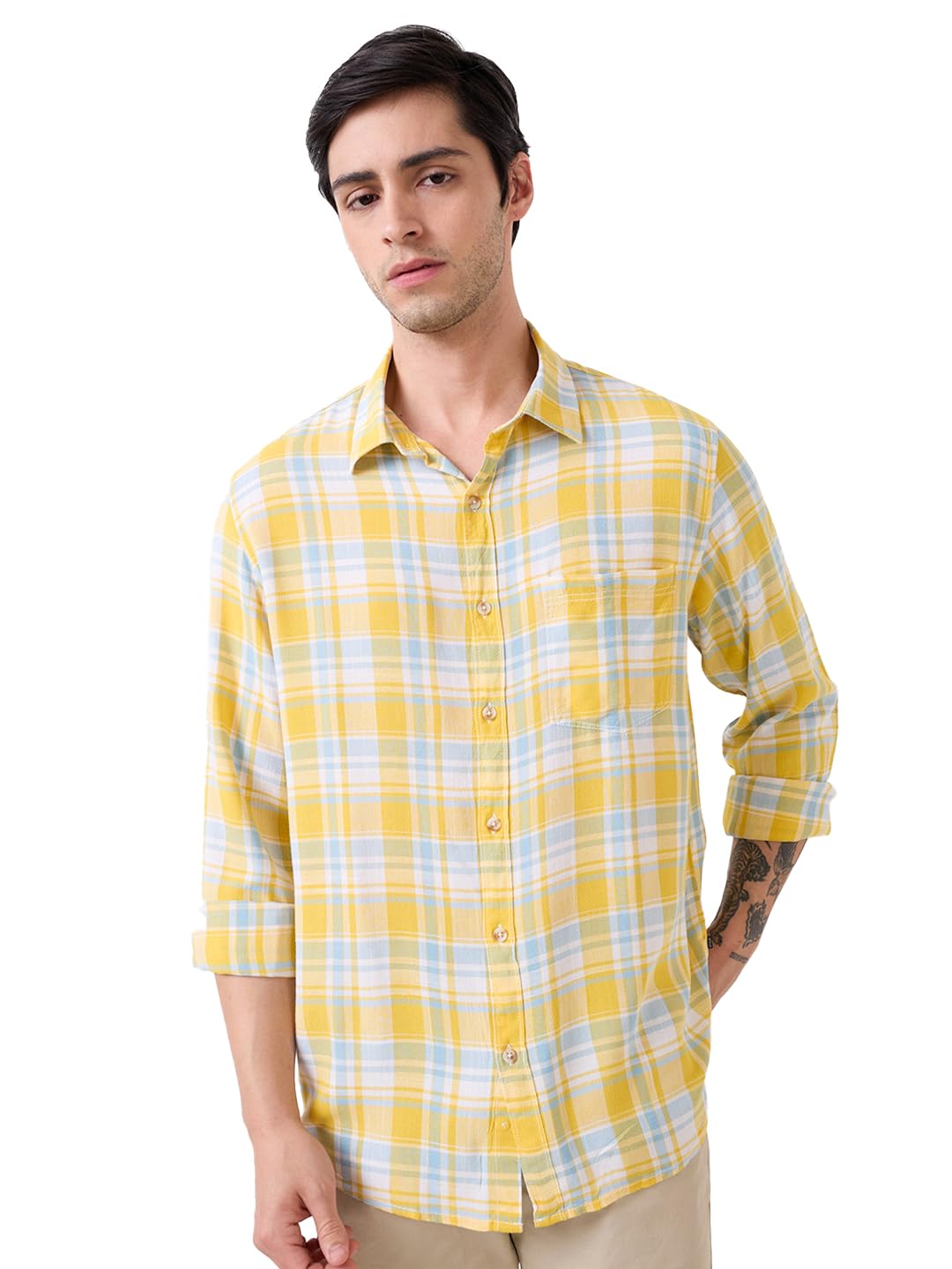 spykar Men's Yellow Full Sleeves Slim Fit Checks Shirt (Size:)--picture-33