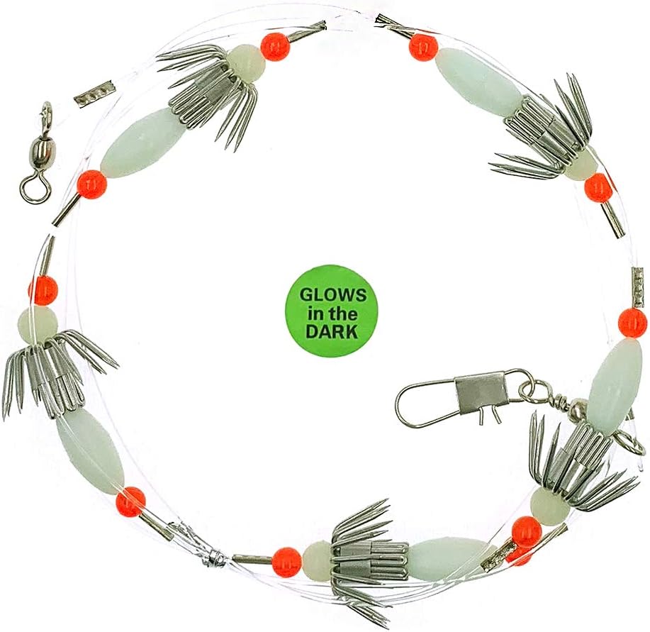 Squid Catcher Daisy Chains, 4 Pcs Glow Design, for Saltwater Squid Jigging, Weighted Clasp Setup, Ideal for Night Fishing and Squid Trips