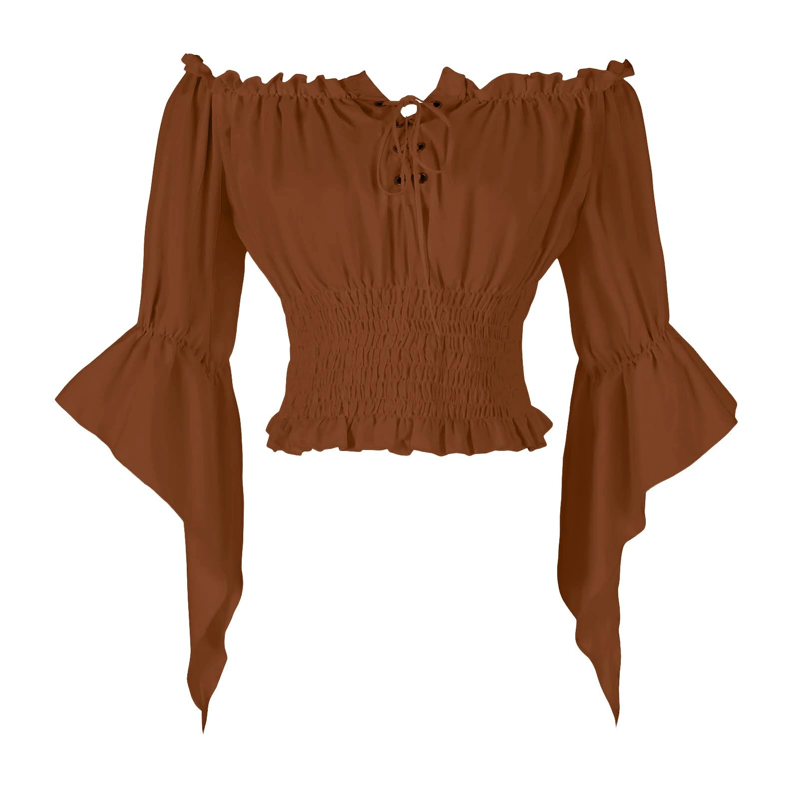 HAOLEI Women Victorian Tops Off Shoulder Ruffle Shirts Elastic Waist Medieval Costumes Renaissance Pirate Trumpet Long Sleeve Peasant Blouses Khaki โ image 1