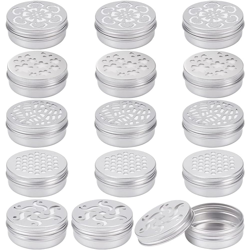 BENECREAT 15 Pack 2 oz Aluminium Tins With Hollow Lid, 5 Style Refillable Screw Lid Round Jars Sample for Cosmetic, Aromatherapy, Air Freshener,