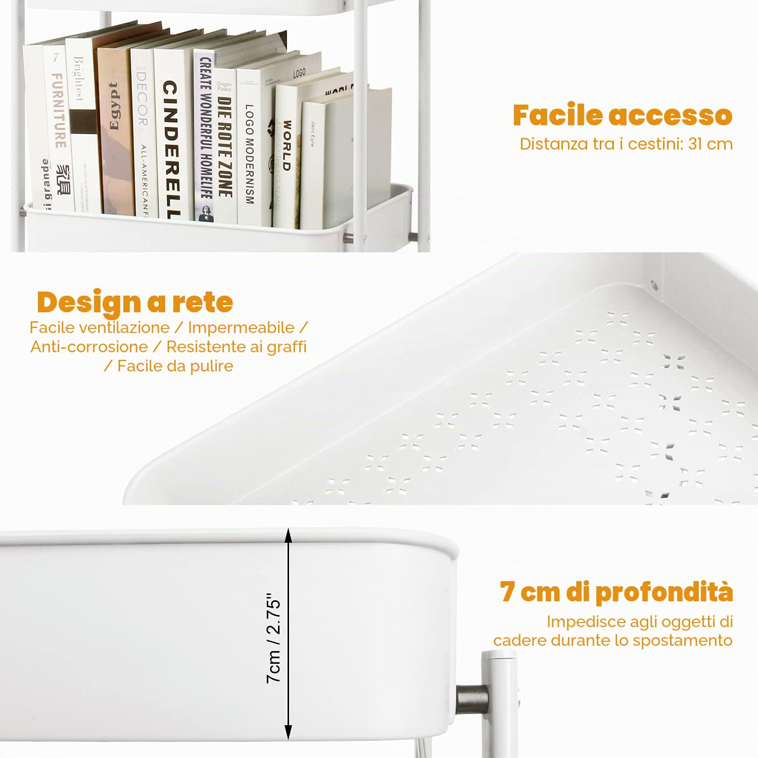 Todeco Carrello pieghevole a 3 livelli, carrello da cucina, senza assemblaggio, 46 x 29 x 78 cm, per cucina, ufficio, bagno, guardaroba, bianco
