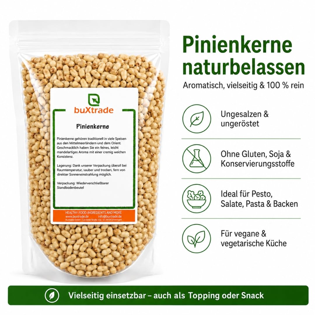 Buxtrade Pinienkerne naturbelassen – Grade A1, 100 g bis 25 kg, aromatisch