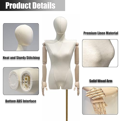 Miniatura 3 de Female Dress Form Female Mannequin Torso Dress Form, Mannequin Body Sewing Torso with Head and Wooden Hands for Dress Jewelry Display Adjustable