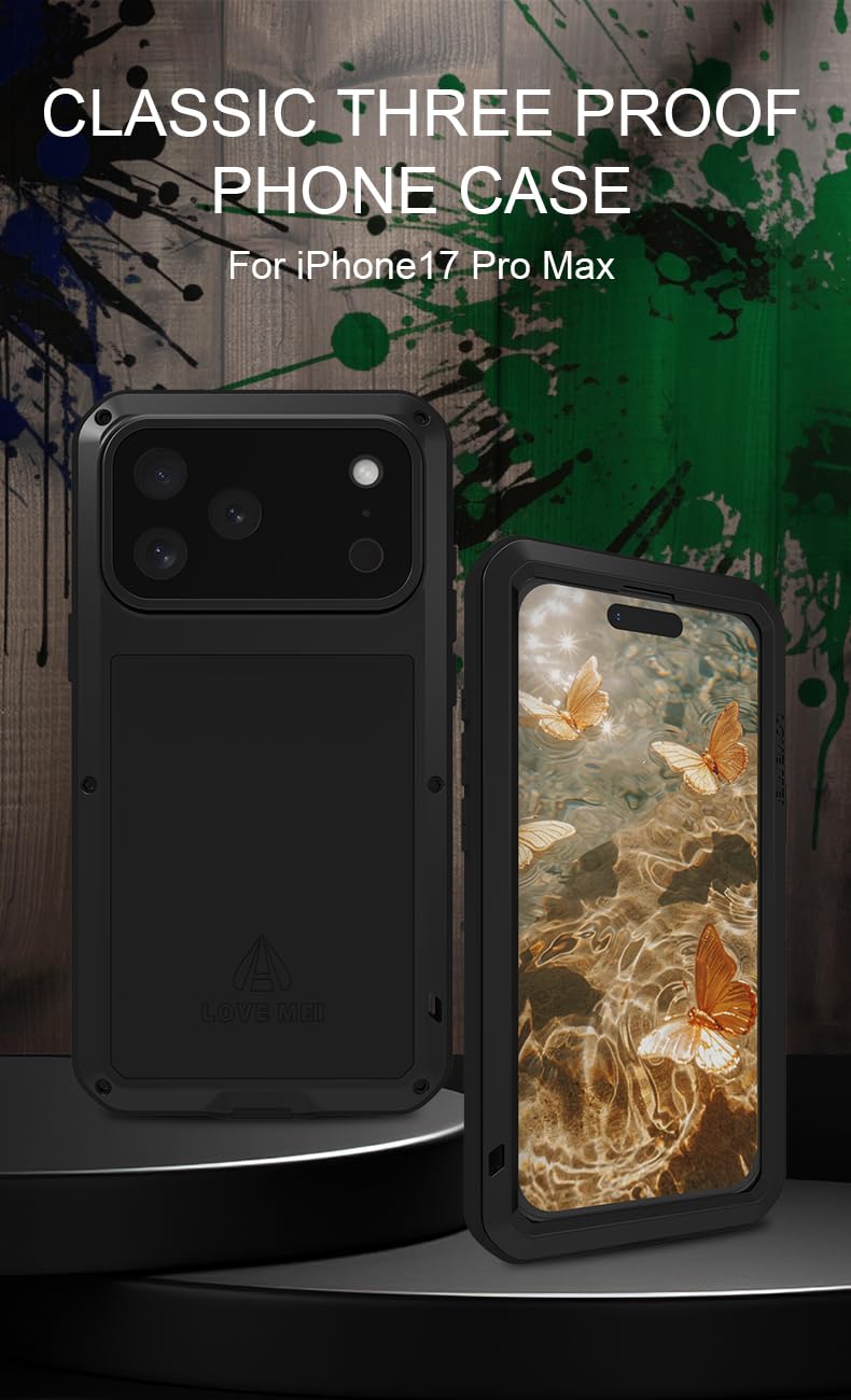 LOVE MEI Custodia in metallo per iPhone 17 Pro Max, resistente agli urti, antipolvere, in alluminio, in metallo militare, con vetro temperato per iPhone 17 Pro Max (giallo)