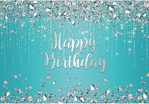 7x5ft Cyan Birthday Backdrop - Teal Blue and Silver Diamond Happy Birthday Photo Background Cake Table Decoration Banner