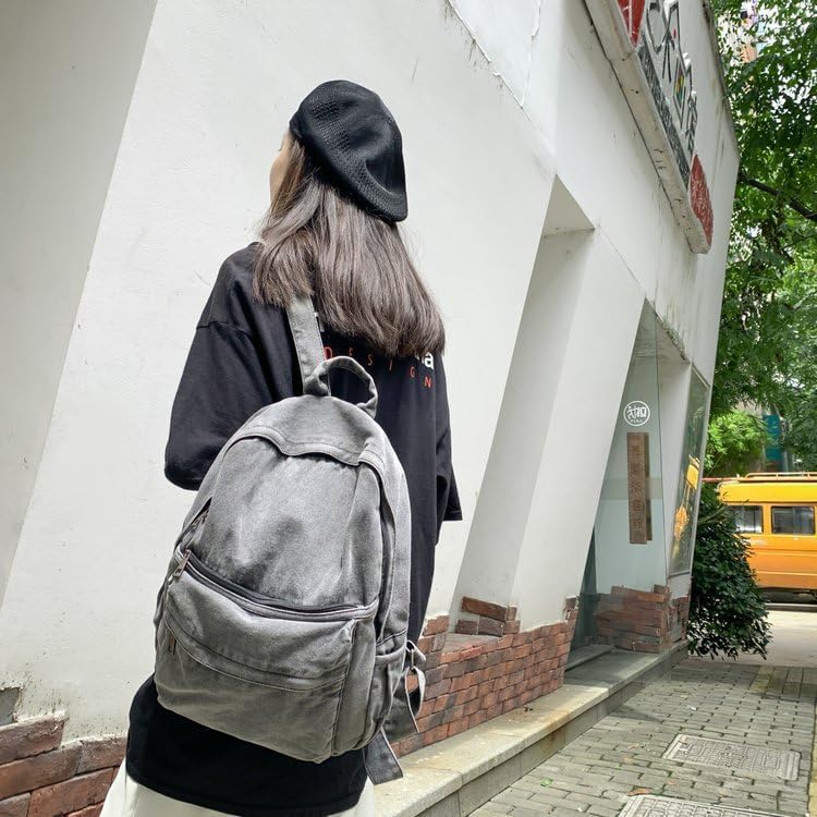 Lightweight Travel Denim Backpack Vintage Daypack Y2K Backpack Multipurpose Adjustable Shoulder Bags for Women Men (Grey) - Image 3