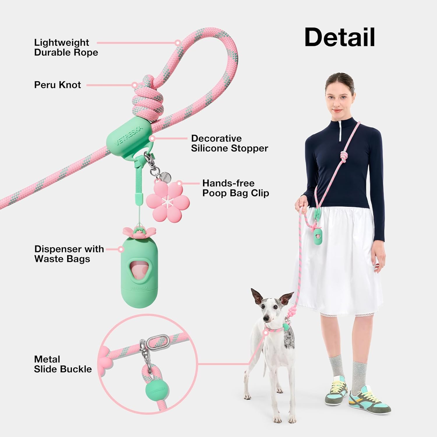 VETRESKA Hands-Free Dog Leash, 8FT Adjustable Rope Leash for Medium Large Dogs, Waist/Crossbody Slip Lead Leashes for Walking, No Pull Dog Leashes with Bag Dispenser, Clip, 3 in 1 Walk Kit (Flora)