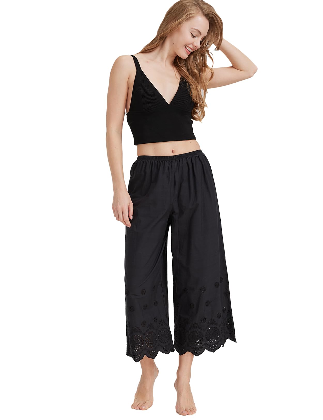 EAUTELICATE Capri Pantalon De Pyjama Femme Été Léger Jupon sous-Jupe en 100% Coton Pantacourt Ample Vintage à La Maison Culotte Bouffantes Renaissance avec Dentelle Ivoire Noir