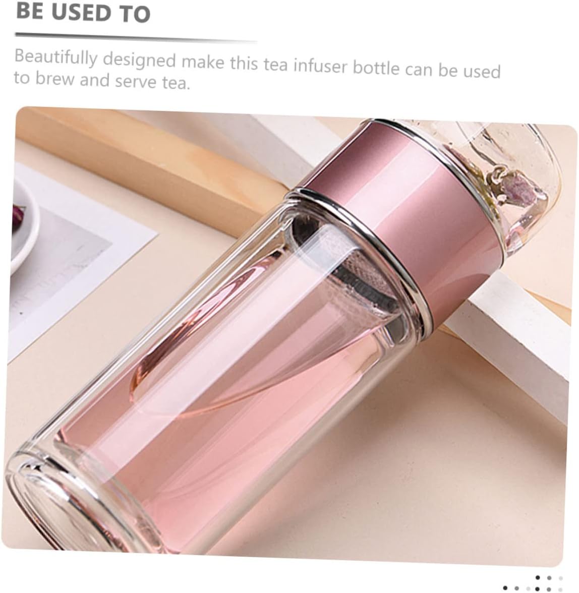 280ML Portable Glass Tea Infuser Water Bottle Strainer and Lid Rose Gold Color Travel Tea Brewer for Loose Leaf and Bags Easy to Use