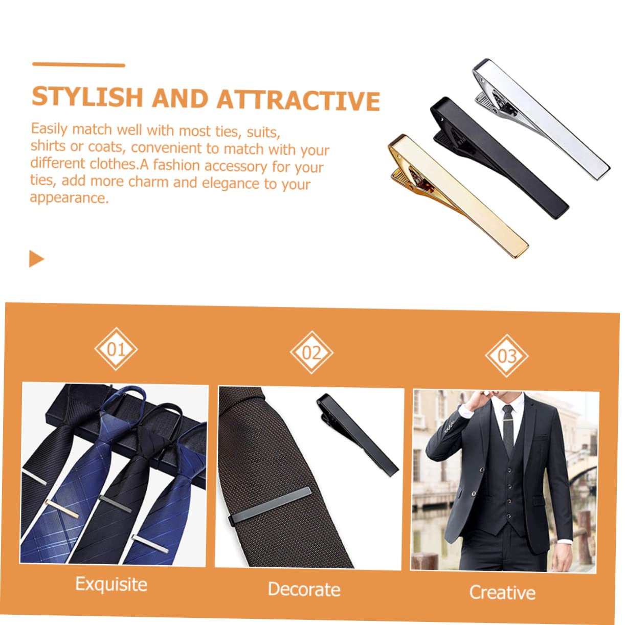 Pinza para Corbata de Camisa 3piezas Cobre Clip de Corbata para Hombre