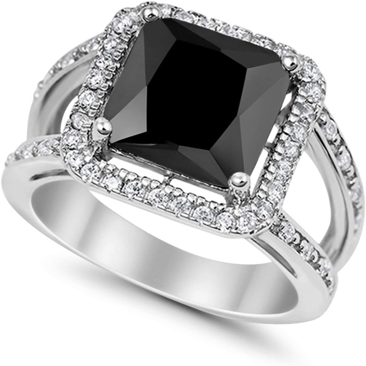 Blue Apple Co. Art Deco Ring Princess Cut Cubic Zirconia Halo Split Shank Vintage Style Bridal Wedding Engagement Rings For Women 925 Sterling Silver Gifts For Her