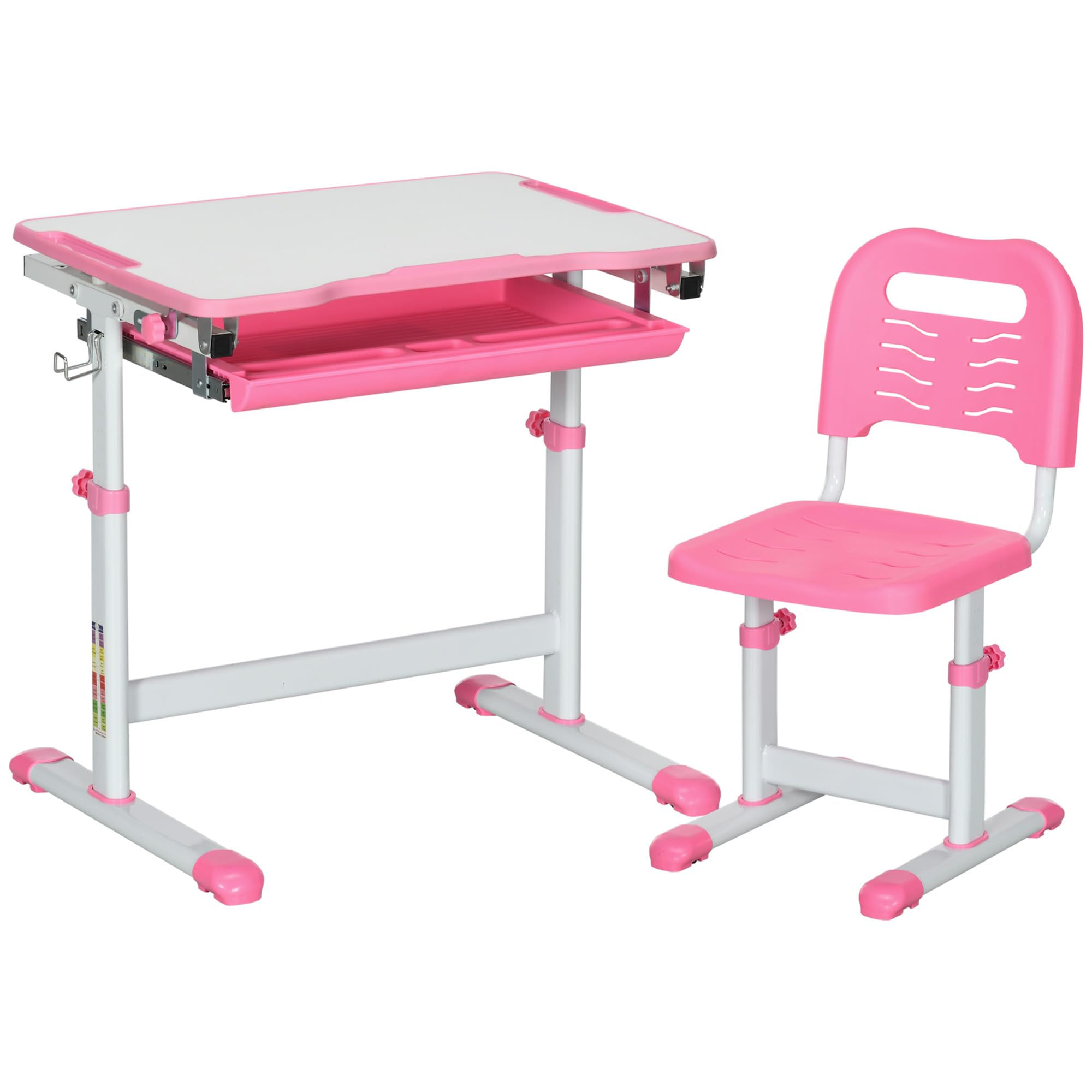 Homcom Pink Kids Desk & Chair Set, Height Adjustable Student Writing Desk, Children School Study Table With Tiltable Desktop, Drawer, Pen Slot, Hook