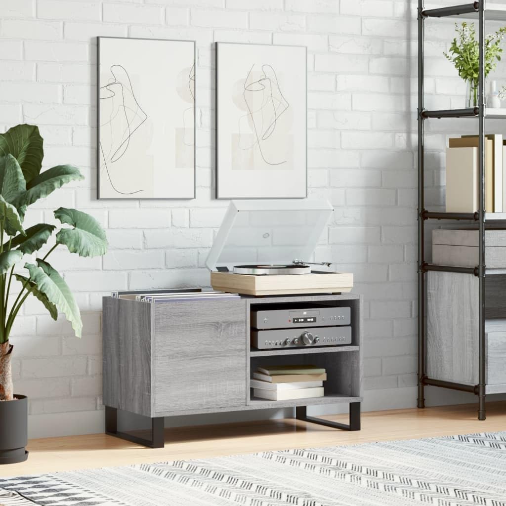 Armadio per dischi grigio sonoma, 85 x 38 x 48 cm, in legno con gambe in ferro, spazio per dischi in vinile, ripiano per giradischi, adatto per soggiorno, ufficio e camera dei ragazzi
