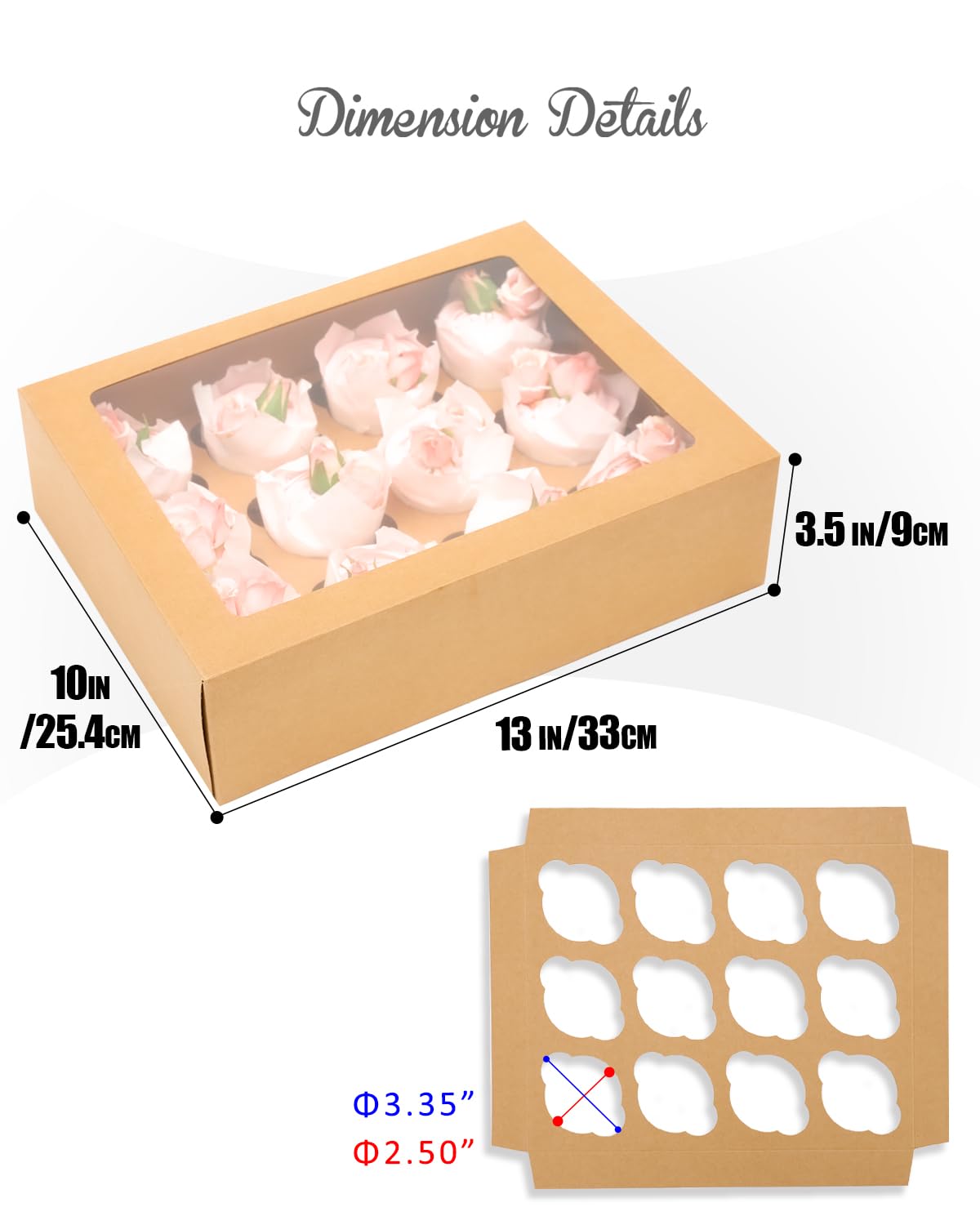 Gcardist Cajas para cupcakes con mecanismo de apertura automática y ventana de visualización, color marrón, 40 unidades, paquete de 12 unidades de 33,02 x 25,4 x 8,89 cm, 12 cajas para cupcakes con 2