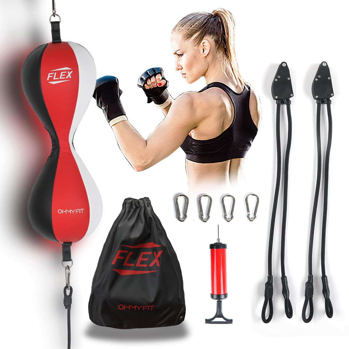 OHMY FIT Flex Double End Punching Bag - Bungee Cords w/Special Flex Adjustable System - Durable Bladder Speed Bag - Boxing Training Equipment for Adults - Home Gym Accessories (Dual Ball Tricolor)