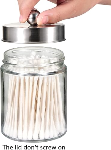 Miniatura 4 de Paquete de 4 tarros de boticario para baño, contenedor de encimera con tapas y calcomanías de acero inoxidable, soporte dispensador Qtip para Qtip,