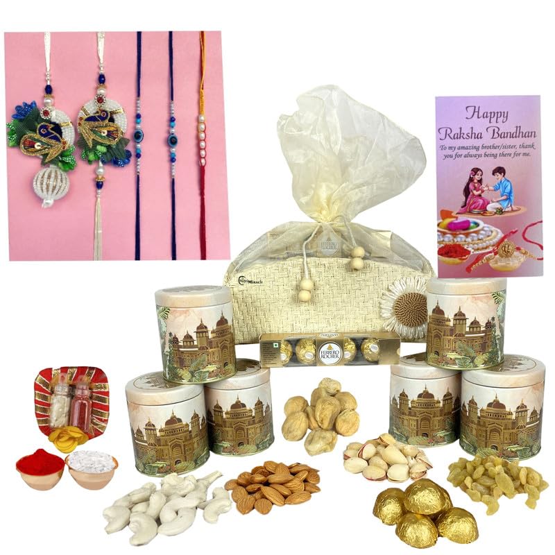 Image of NUTRI MIRACLE Rakhi Nut and Chocolate Combo Basket for Family Sharing | Wedding Return Gift Box of Roasted Nuts and Chocolates