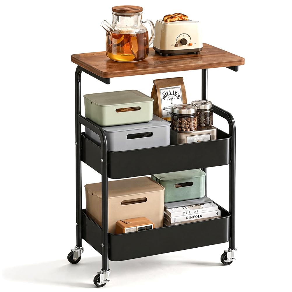 DASIAUTOEM Carro con ruedas de 3 niveles, color negro, con tableros ranurados, mesa de mesa, carrito de manualidades, carrito de libros, carrito de servir, carrito de cocina con ruedas, carrito de