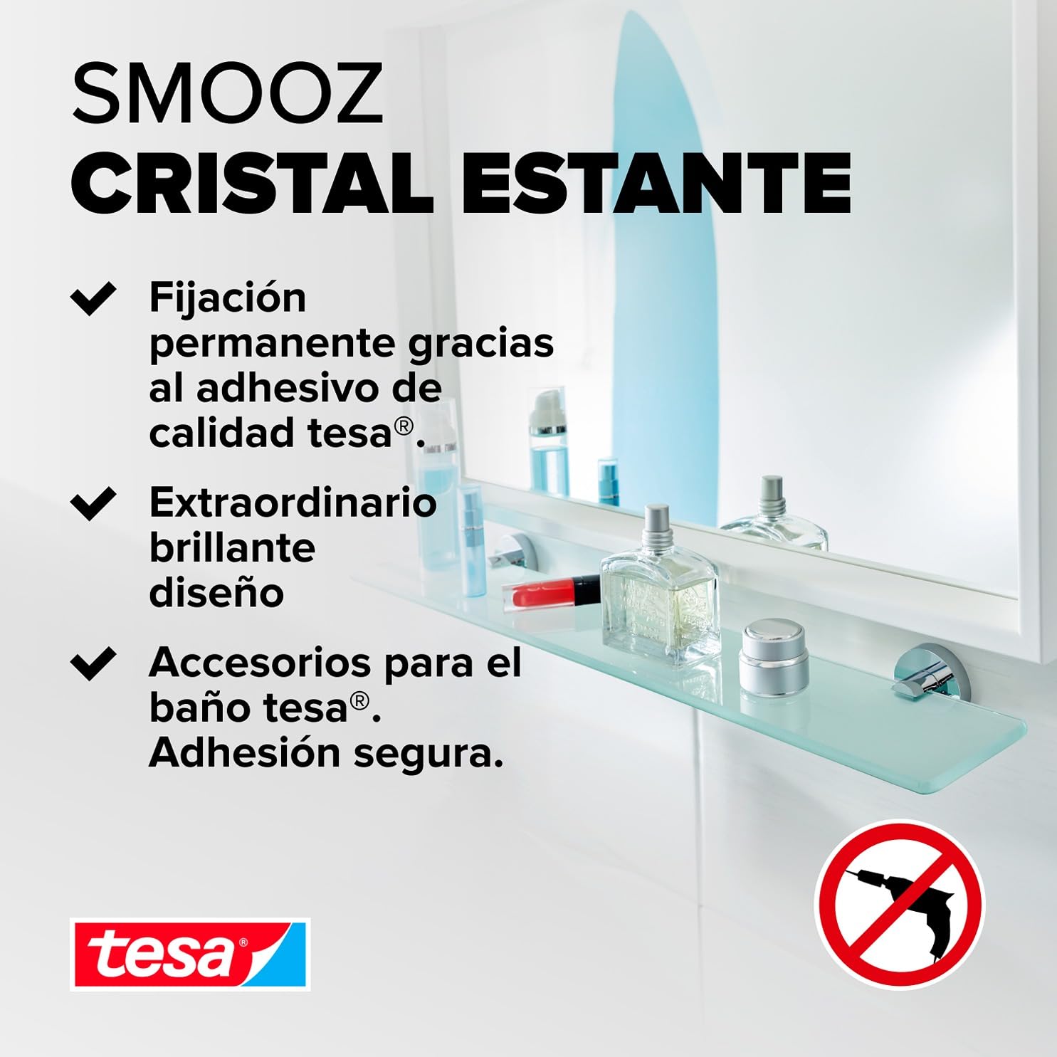 tesa Estante de Cristal para Baño SMOOZ - Estante de Cristal Satinado y Metal Cromado - Inoxidable - Resistente al Agua - Incluye Solución Adhesiva de Montaje