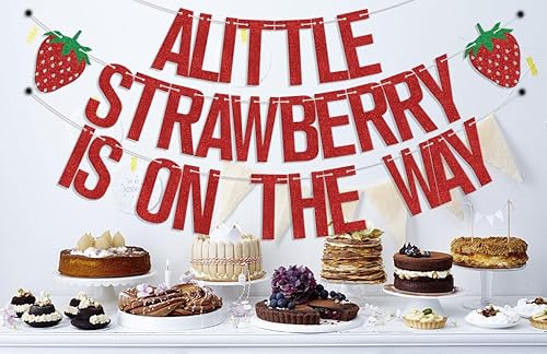 Miniatura 6 de Cartel con texto en inglés A Little Strawberry is on the Way, decoraciones de baby shower de fresa, A Berry Sweet Baby is on the Way, Sweet One