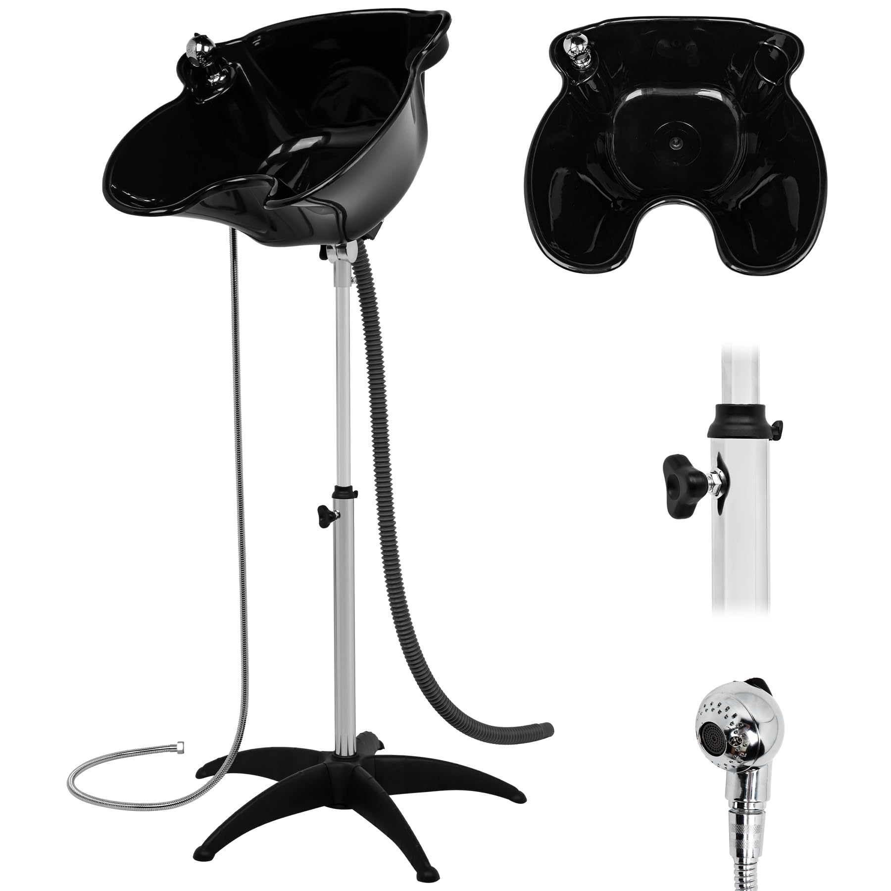Portable Shampoo Bowl 270°& Height Adjustable, Lightweight Mobile Shampoo Bowl with Sprinkler and Drain, Deep Portable Shampoo Bowls for Home Salon Barber Hairstylist