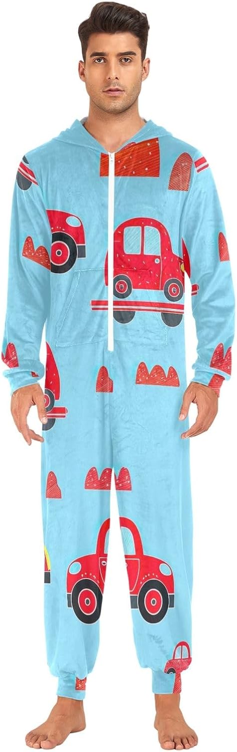 Cute Red Cars Blue Adult Onesie Pajamas, Ultra Soft Plush One Piece Sleepwear for Men Women Christmas Loungewear