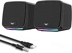 Alto-falantes RGB para PC, alimentação USB, conector de áudio de 3,5 mm, compacto, preto