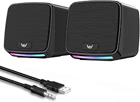 Alto-falantes RGB para PC, alimentação USB, conector de áudio de 3,5 mm, compacto, preto