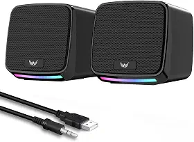 Alto-falantes RGB para PC, alimentação USB, conector de áudio de 3,5 mm, compacto, preto