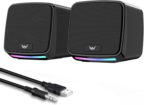 Alto-falantes RGB para PC, alimentação USB, conector de áudio de 3,5 mm, compacto, preto