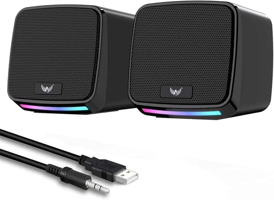 Alto-falantes RGB para PC, alimentação USB, conector de áudio de 3,5 mm, compacto, preto