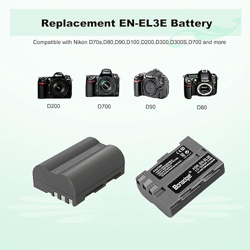 Miniatura 3 de Bonadget Paquete de 2 baterías de repuesto EN-EL3 EN-EL3A de 2000 mAh y cargador dual LCD compatible con cámaras digitales Nikon D700 D90 D300S D300