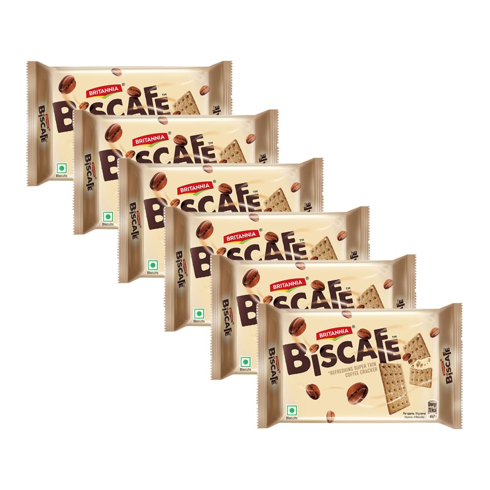 BRITANNIA BisCafe 3.52oz (100g) - Super Thin Coffee Crackers - Delicious, Light & Crispy Grocery Cookies - Best Treat for Friends & Family (Pack of 6)