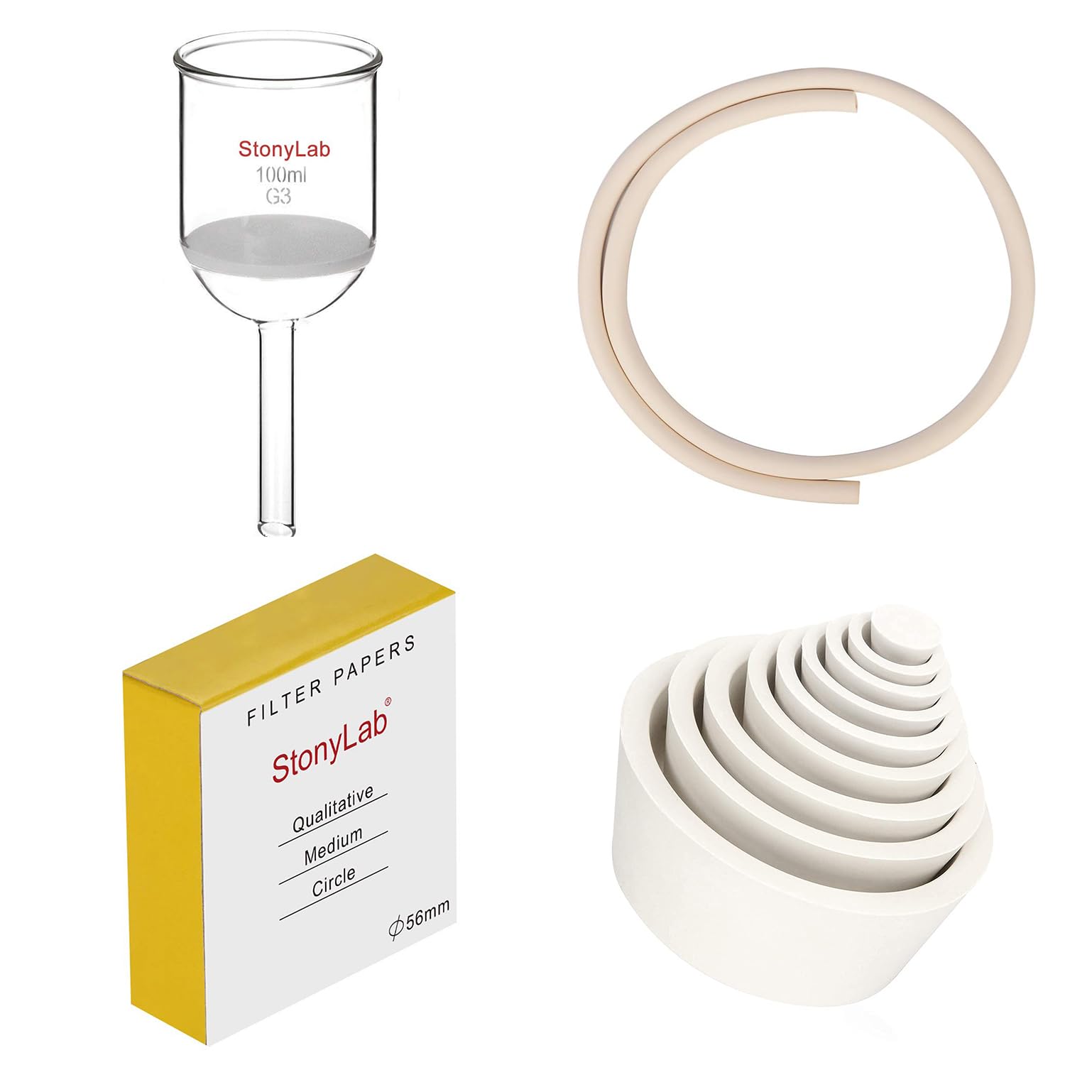 stonylab Bundle 12 Items: 100ml Buchner Funnel, 56mm Filter Paper, Filter Adapter Cones, and 3.3ft Rubber Tubing
