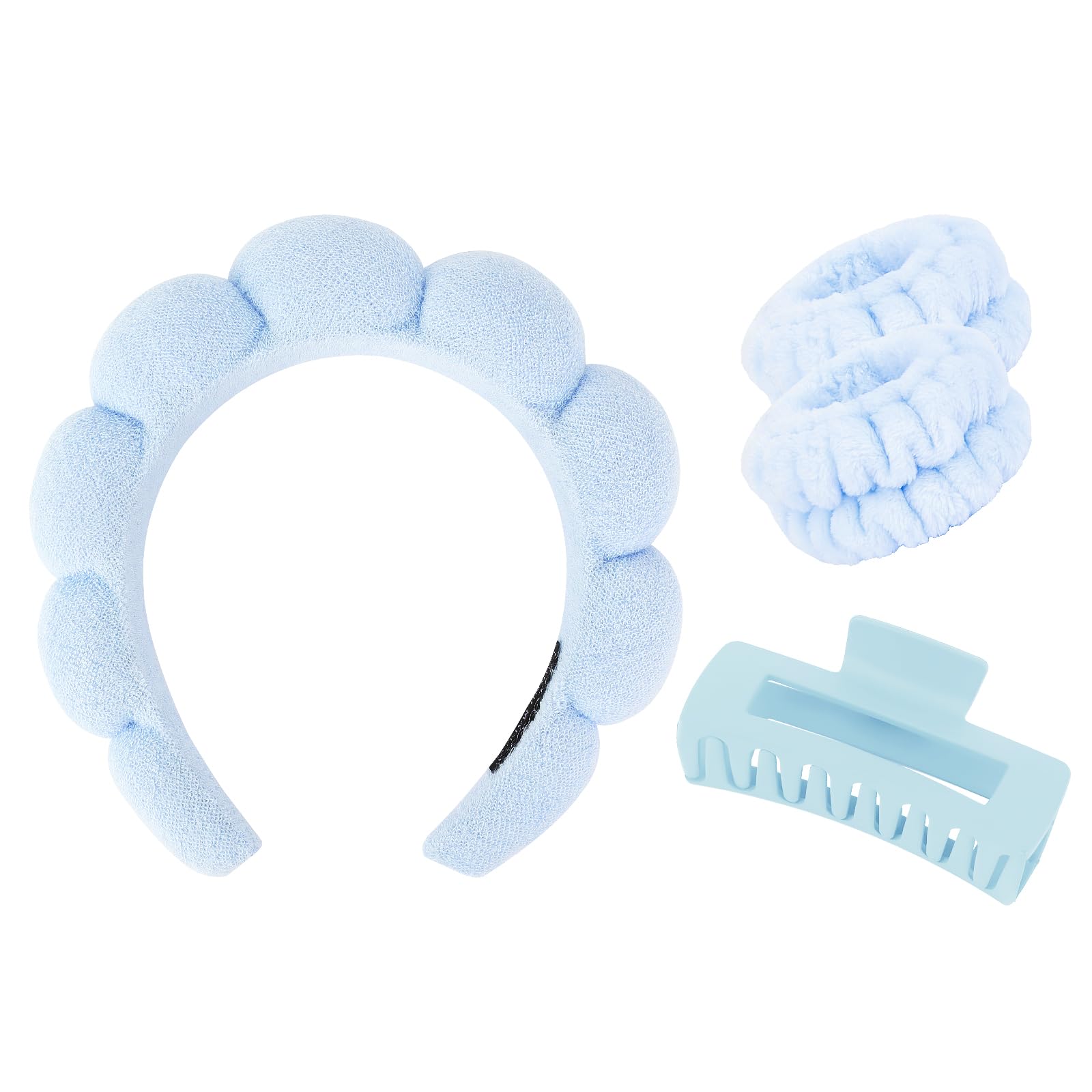 Wecoe Spa Headband And Wristband Set Skincare Headband For Washing Face Hair Claw Clips For Thick Hair Cute Blue Puffy Sponge Makeup Bubble Head Band
